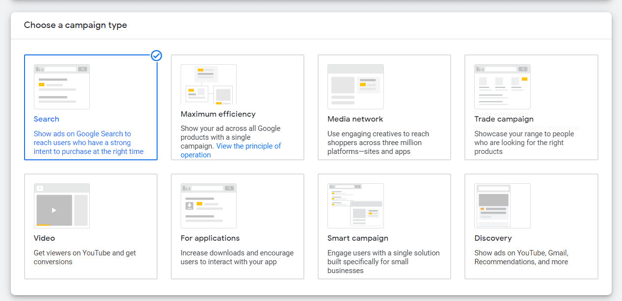 Search advertising campaign in the Google Ads interface