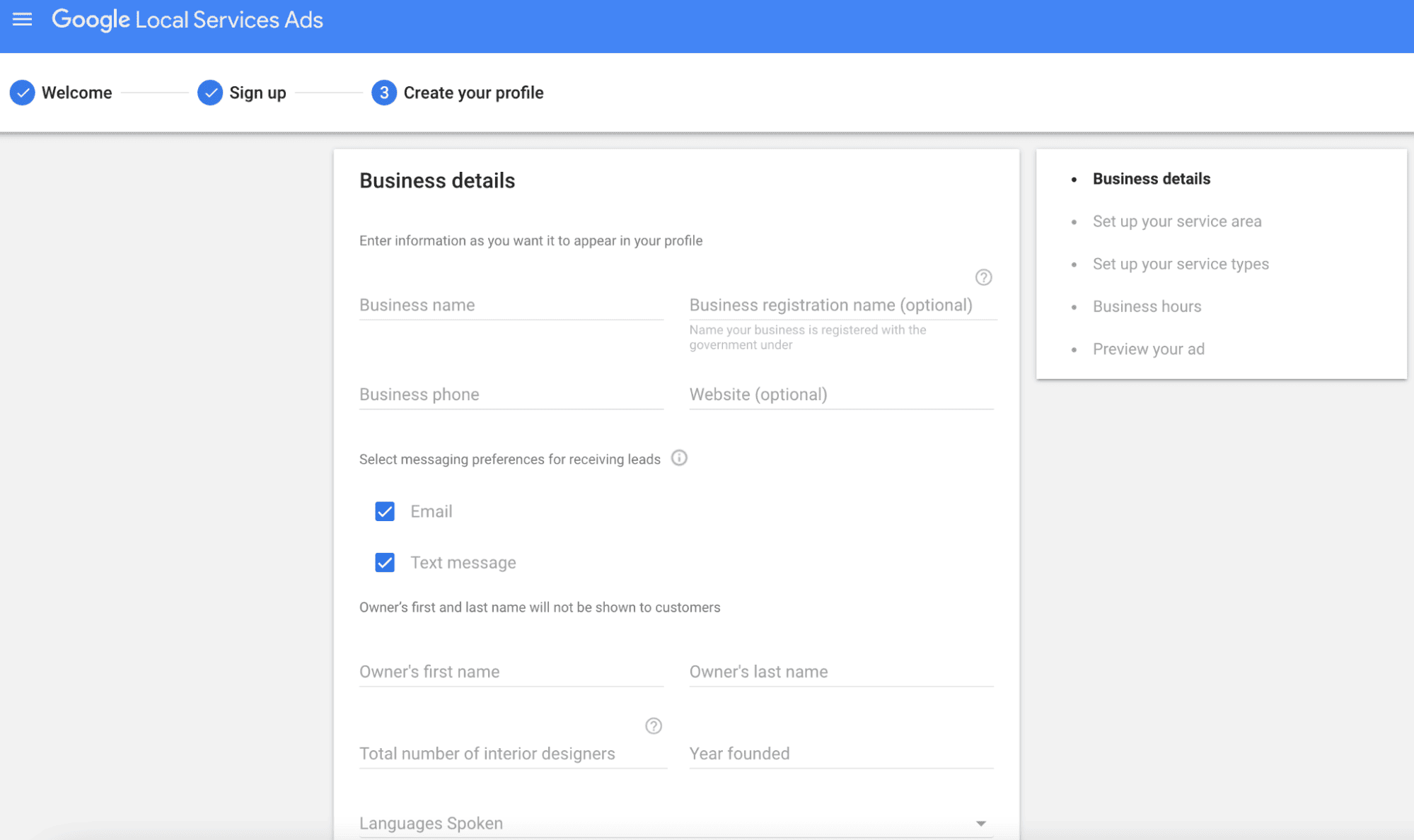 Fill in all the basic information about your company