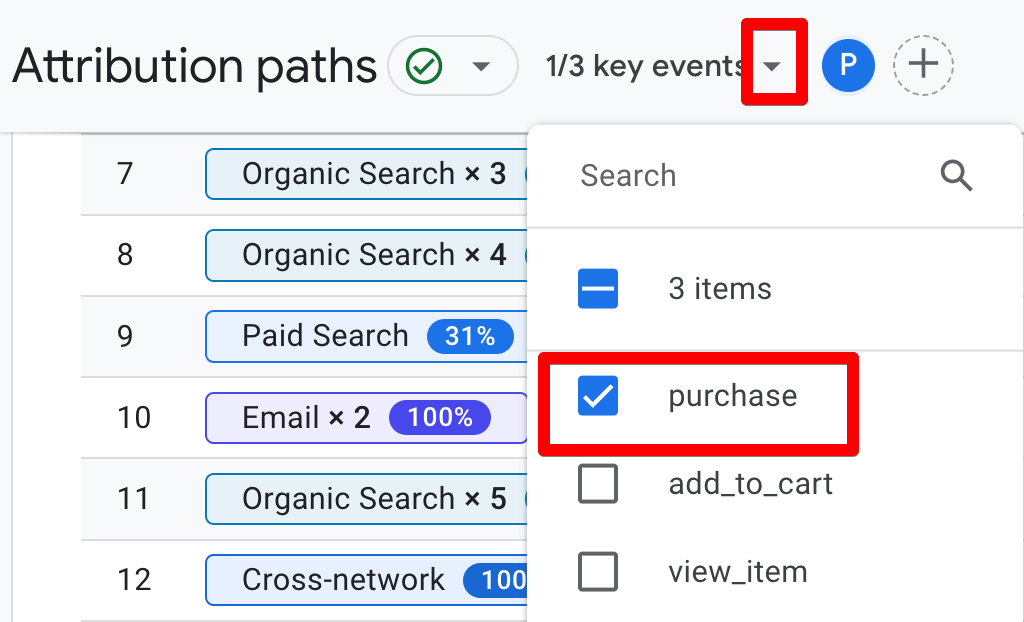 «Шляхи атрибуції» в GA4 зі встановленим фільтром події «purchase».
