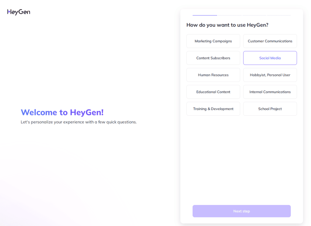Choosing goals for using HeyGen