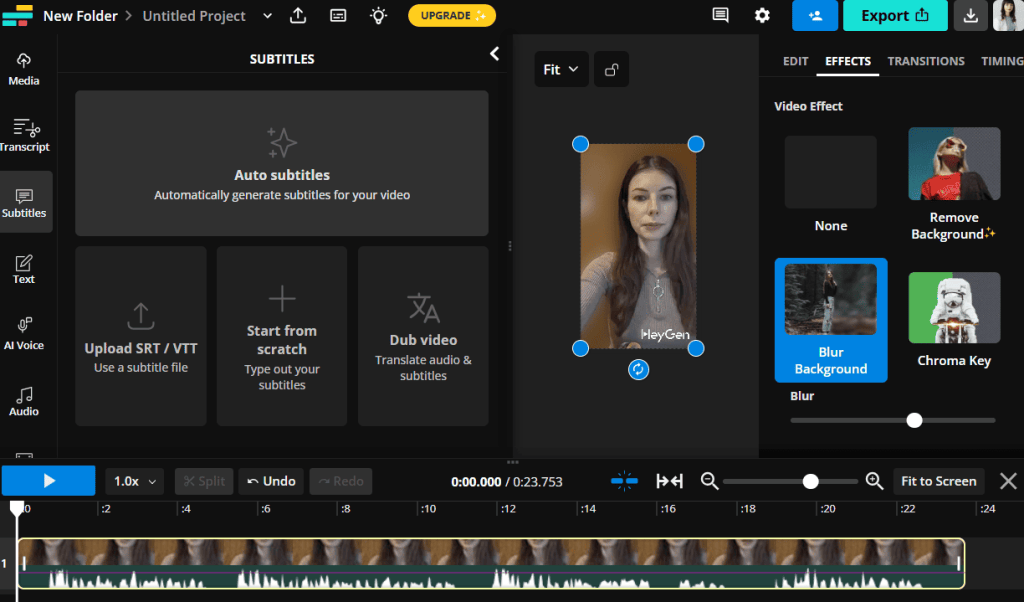 Video editor with auto subtitles and effects
