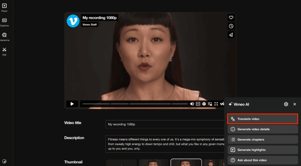 Vimeo interface with video translation option