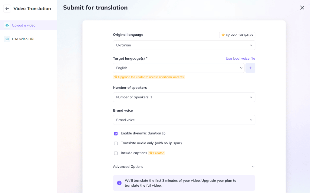 Select language, voice, and translation options
