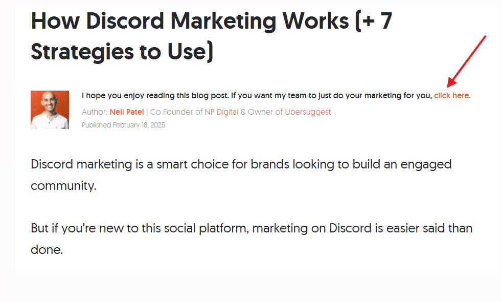 An example of an anchor post in a blog text with a “click here” CTA