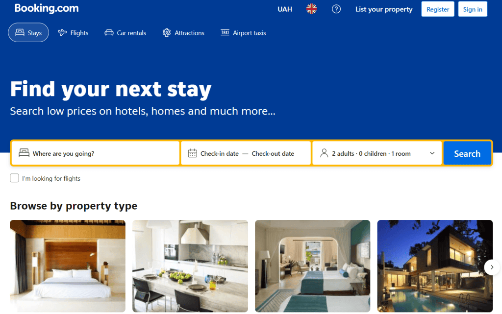 Сторінка платформи бронювання Booking.com