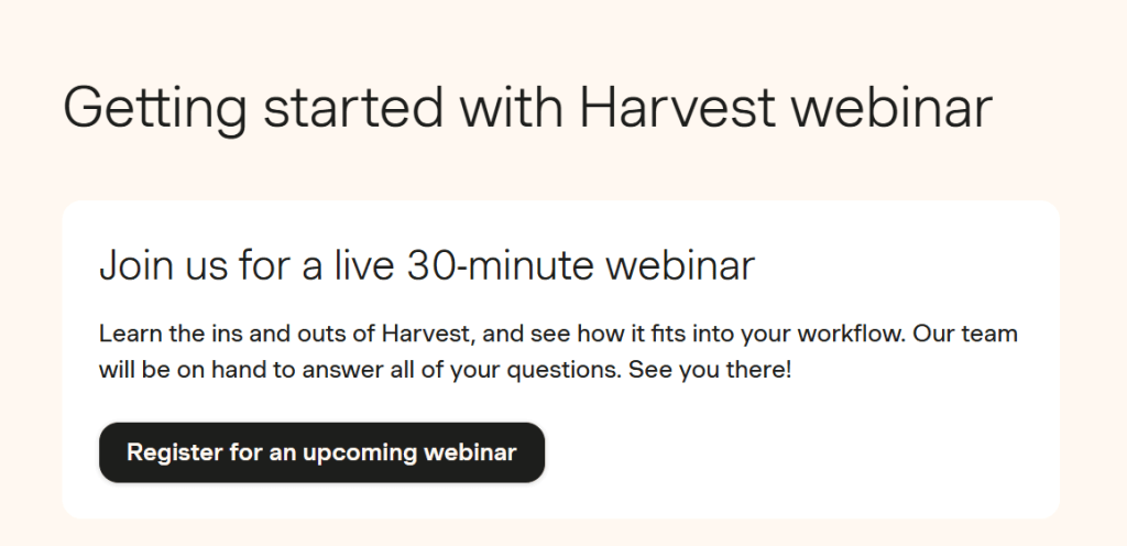 Предложение регистрации на вебинар о Harvest для новых посетителей