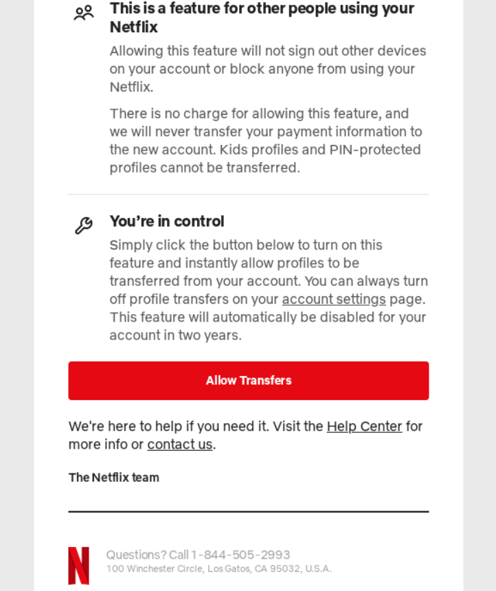 Электронное письмо с информированием от Netflix для подписчиков
