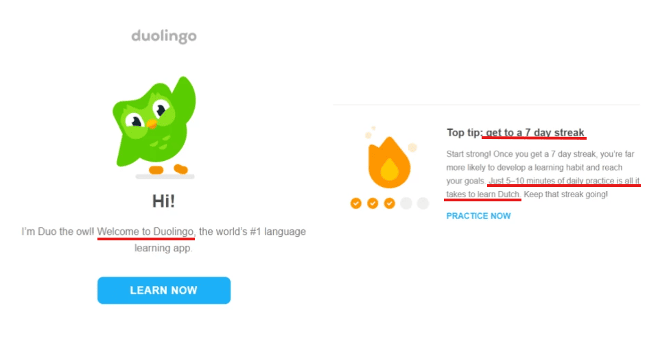 Welcome message from Duolingo with learning advice