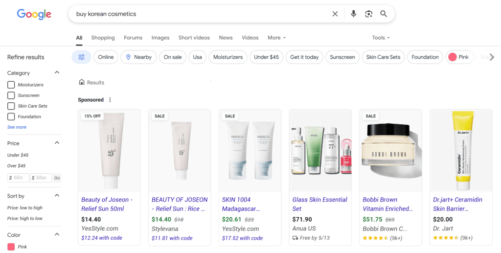 Product cards in search results