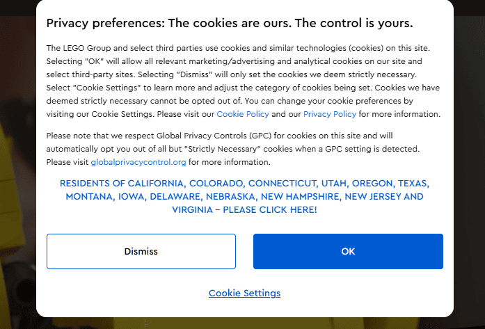 Всплывающее окно согласия на использование cookie от LEGO с вариантами для жителей