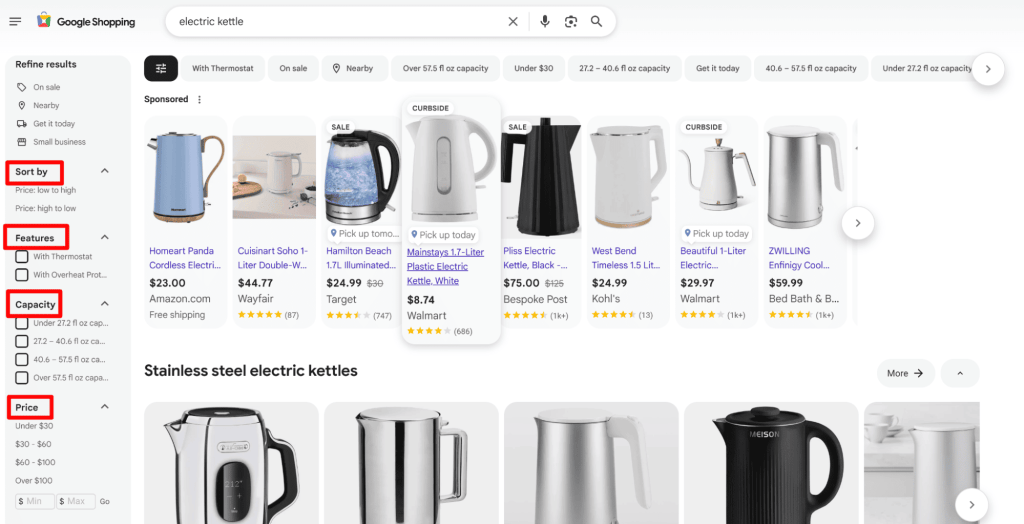 Возможности сравнения товаров в Google Shopping