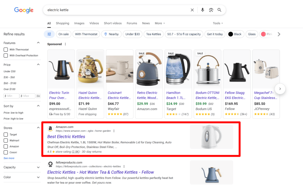 Позиция Amazon в поисковой выдаче