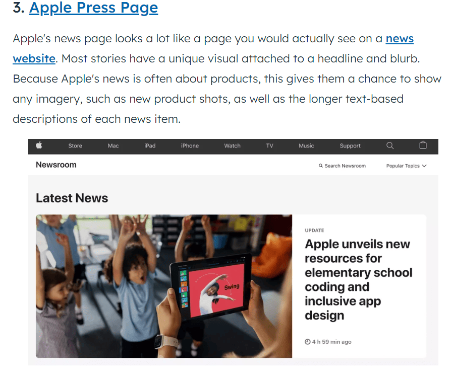 Пример упоминания Apple на странице Hubspot