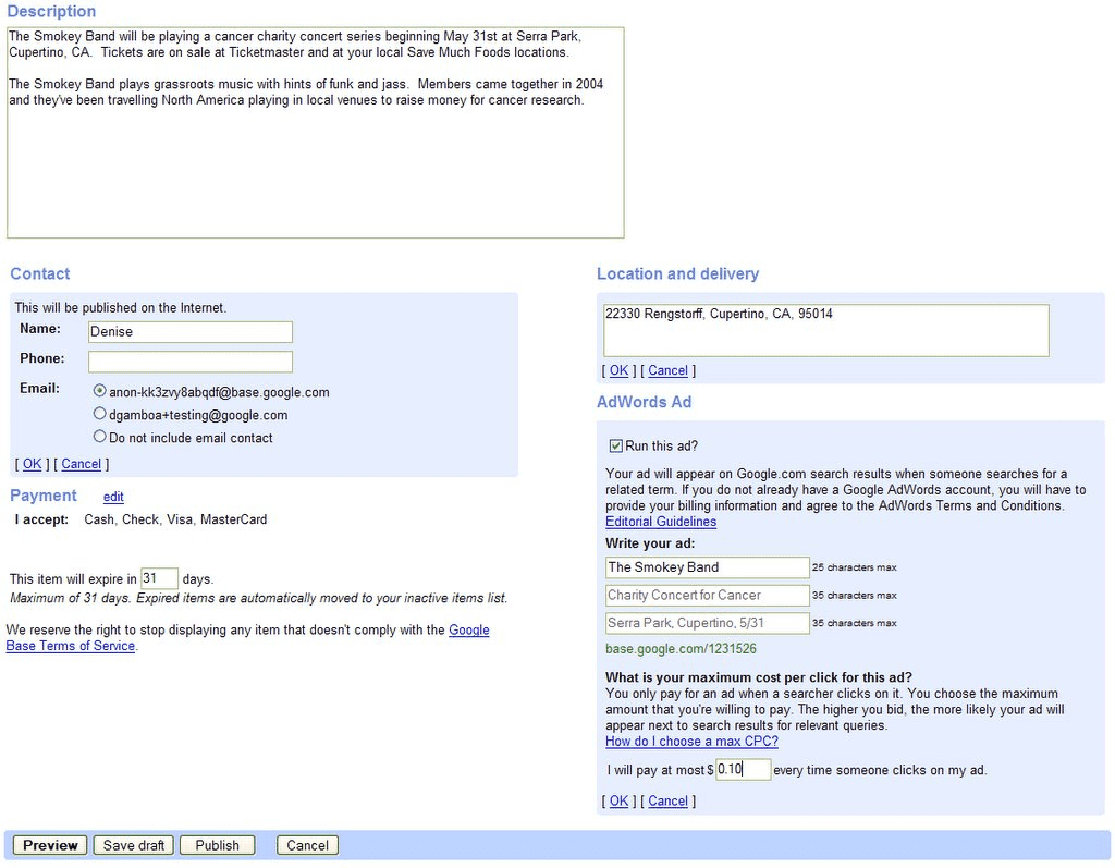 Creating an advertisement on Google Base in 2006
