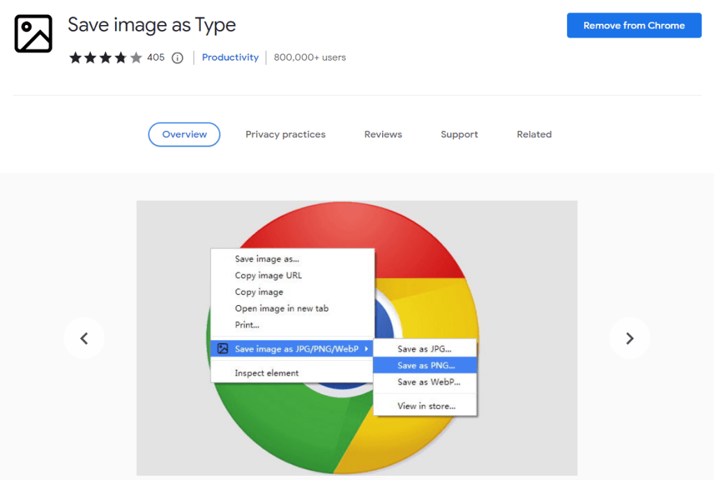 Save image as Type extension converts the image to JPG or PNG format